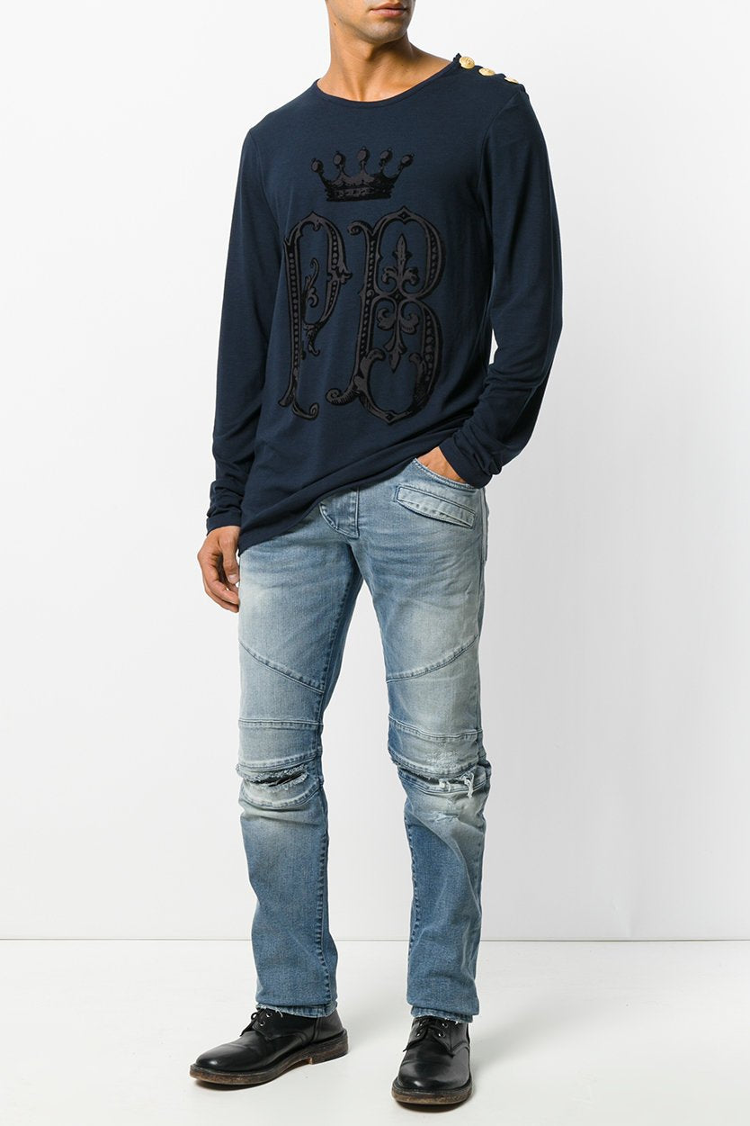 Pierre Balmain Denim Blue Destroyed Biker Jeans - Room 29