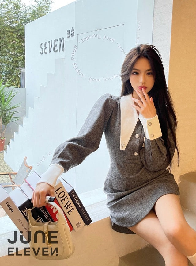 N-COLLAR WASHABLE DRESS　グレー June Eleven Long Collar Grey Suit Dress – N5 Boutique Shop
