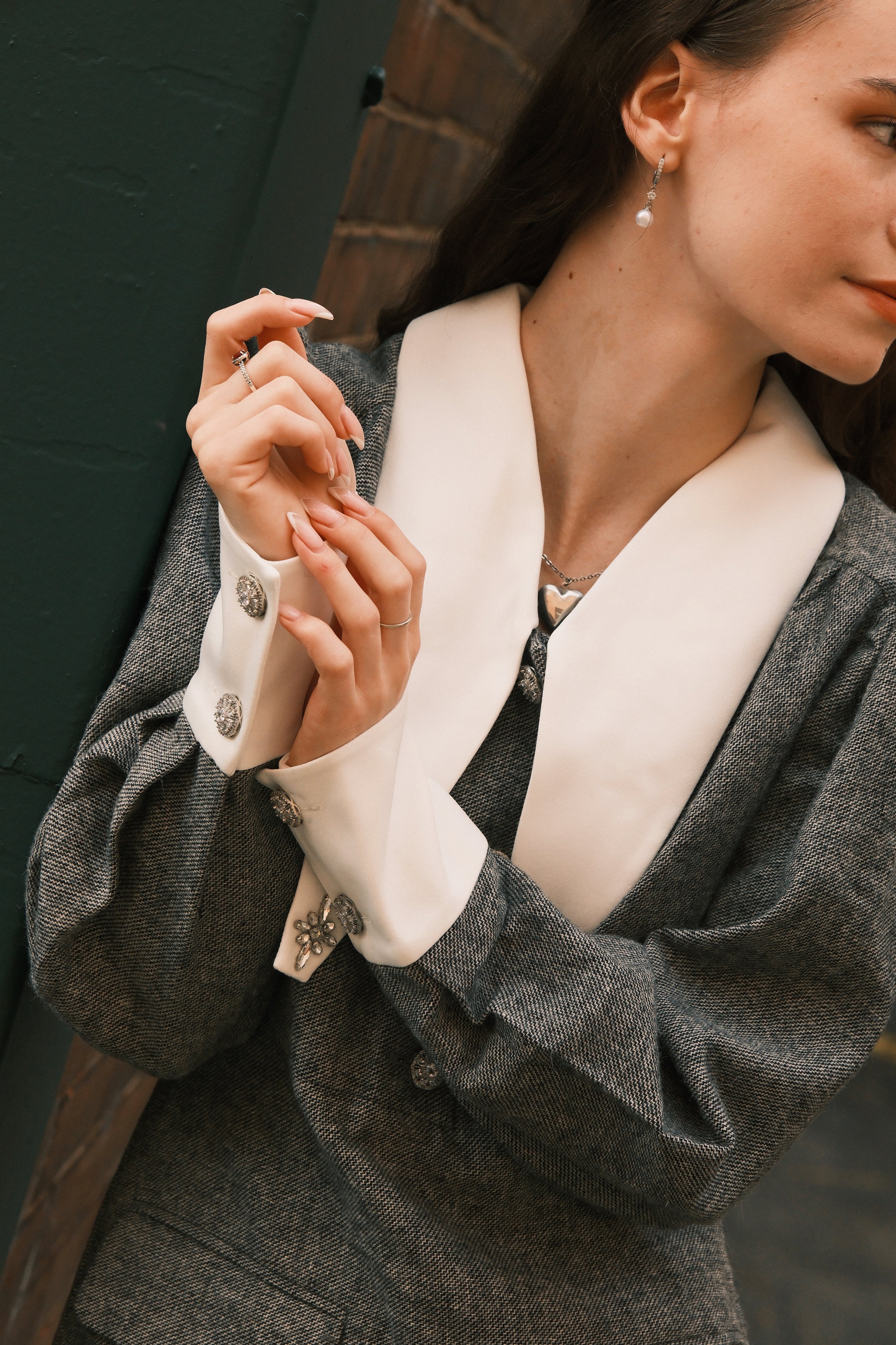 N-COLLAR WASHABLE DRESS　グレー June Eleven Long Collar Grey Suit Dress – N5 Boutique Shop